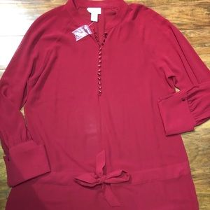 Soft Surroundings NWOT Burgundy Tunic with Satin Buttons and Tie Front Detail